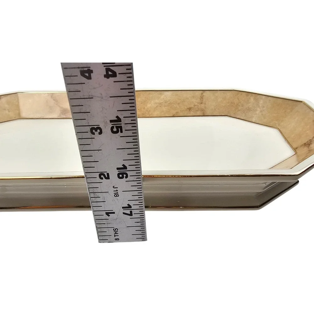 Octagonal Ceramic Serving Tray Marble Pattern Rim Gold Trim Cream Tan 11.5 inch